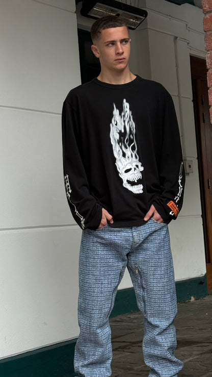 Heron Preston Black Longsleeve Skull Fire T-Shirt-Large