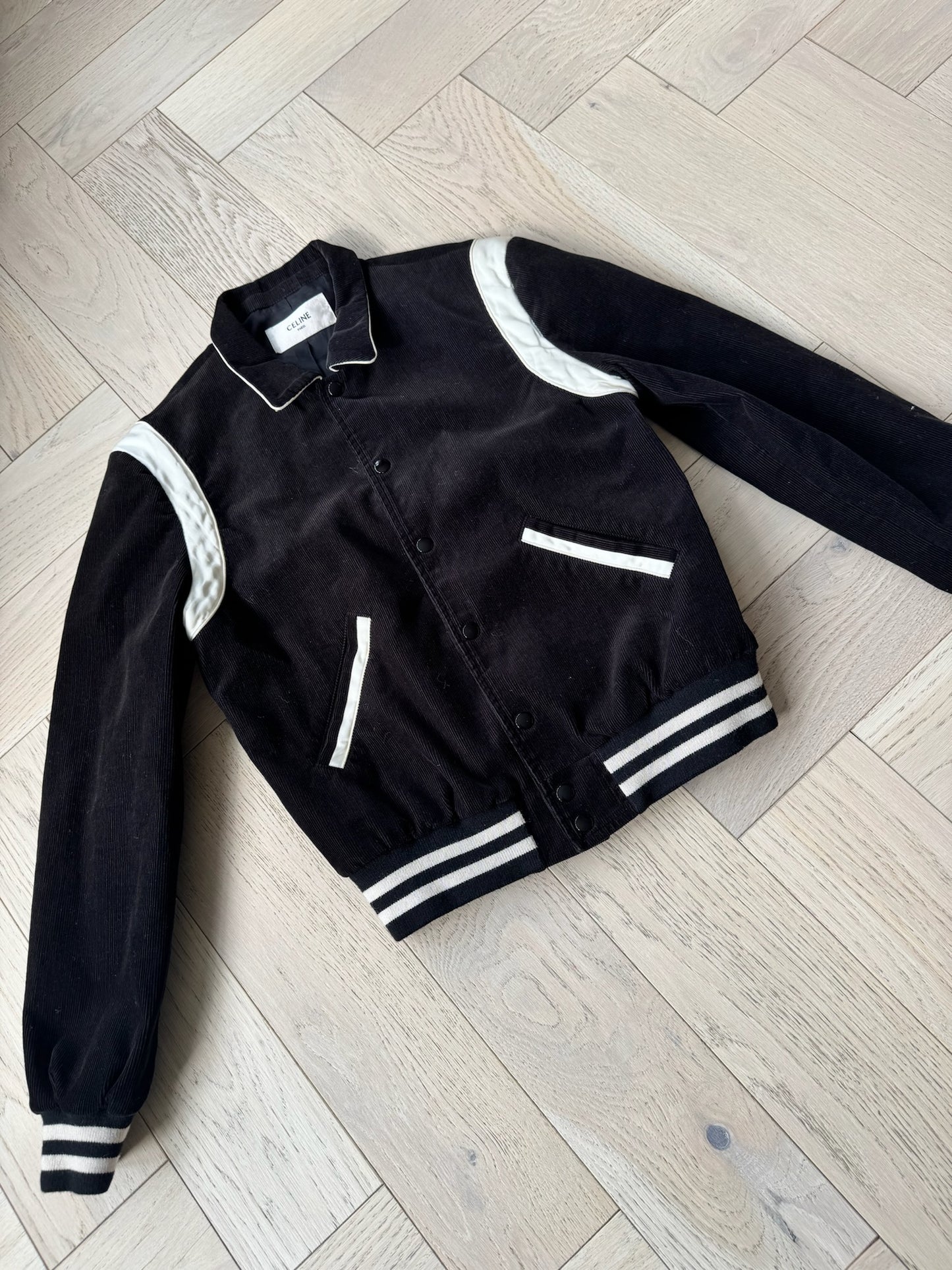 Celine Black & White Teddy Satin-Trimmed Cotton-Corduroy Varsity Jacket –48