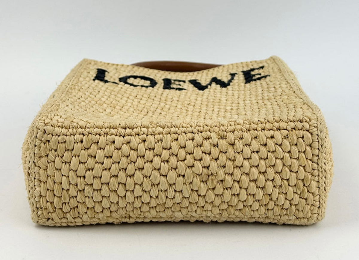 Loewe Cross Body Rafia Tote Small in Brown Leather.