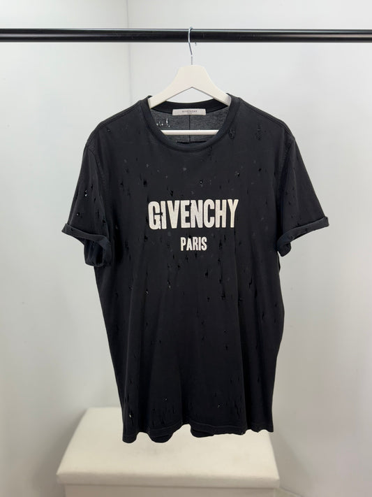 Givenchy Black Distressed T-Shirt with Rolled Sleeves - Small