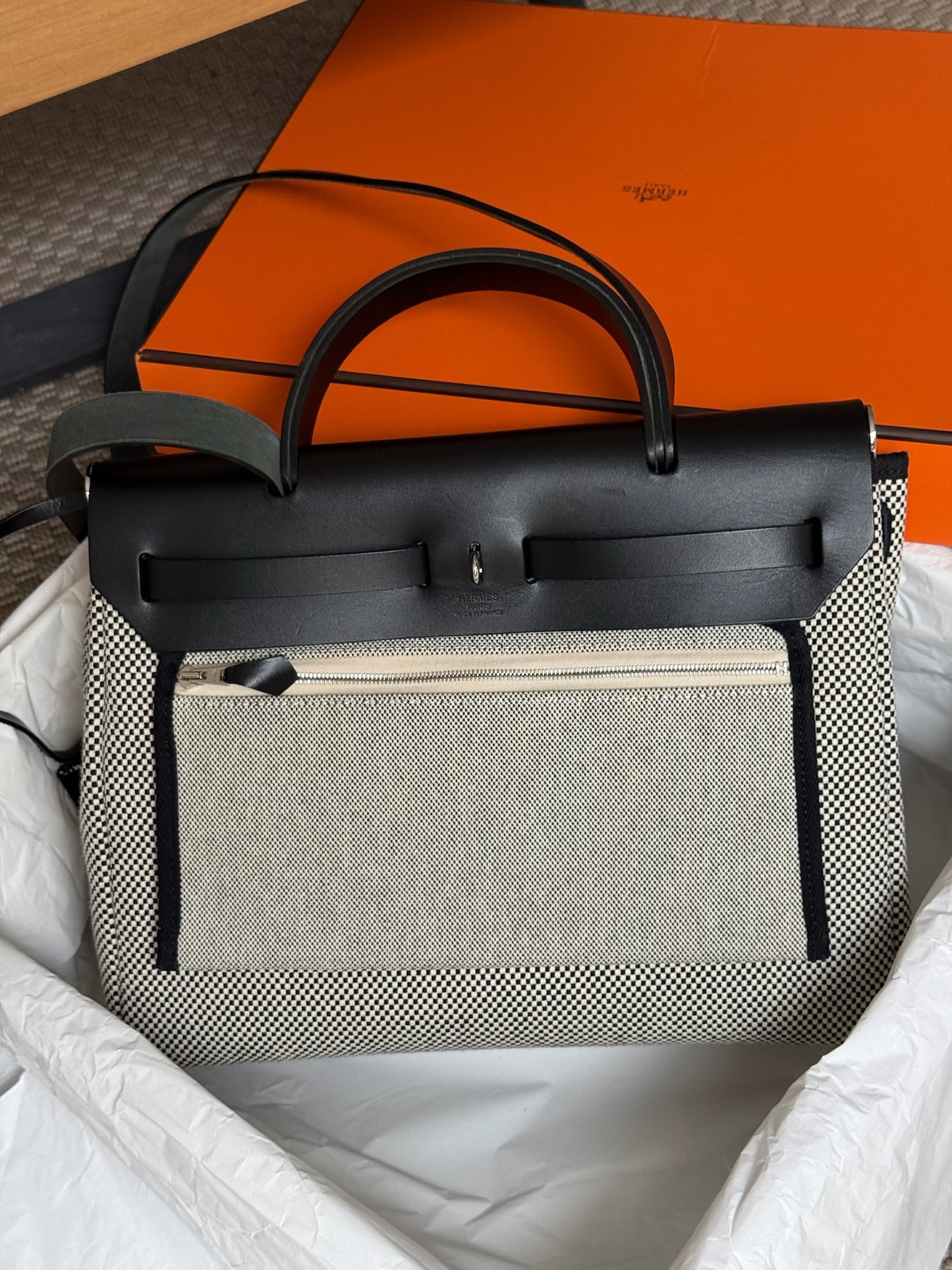 Hermès  Herbag 31 Vache Hunter Toile Quadrille Viking Black White Full Set