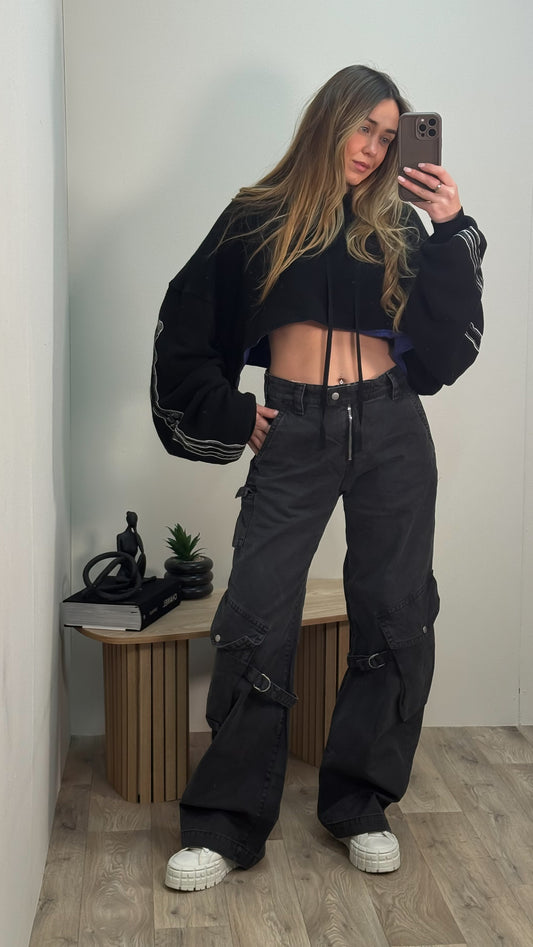 Unravel Black And Purple Cropped Hooded Jumper - Small