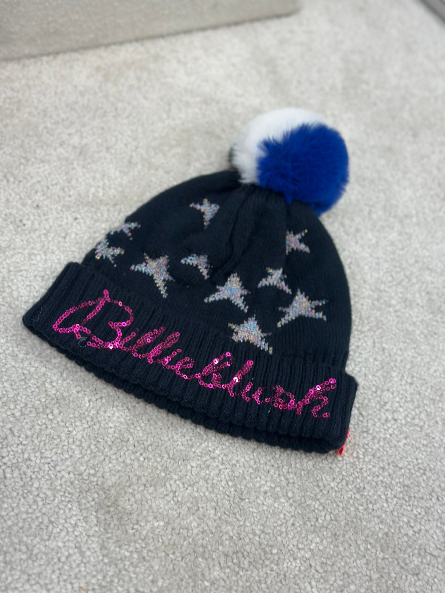Kids Billie Blush Black Star Sequin Bobble Hat - Age 8/10