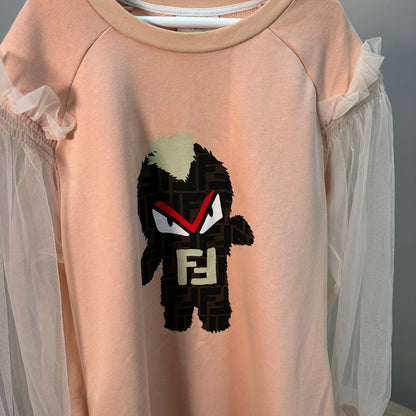 Kids Fendi Peach Sheer Tulle Sleeve Embroidered FF Monster Jumper Dress – Age 12