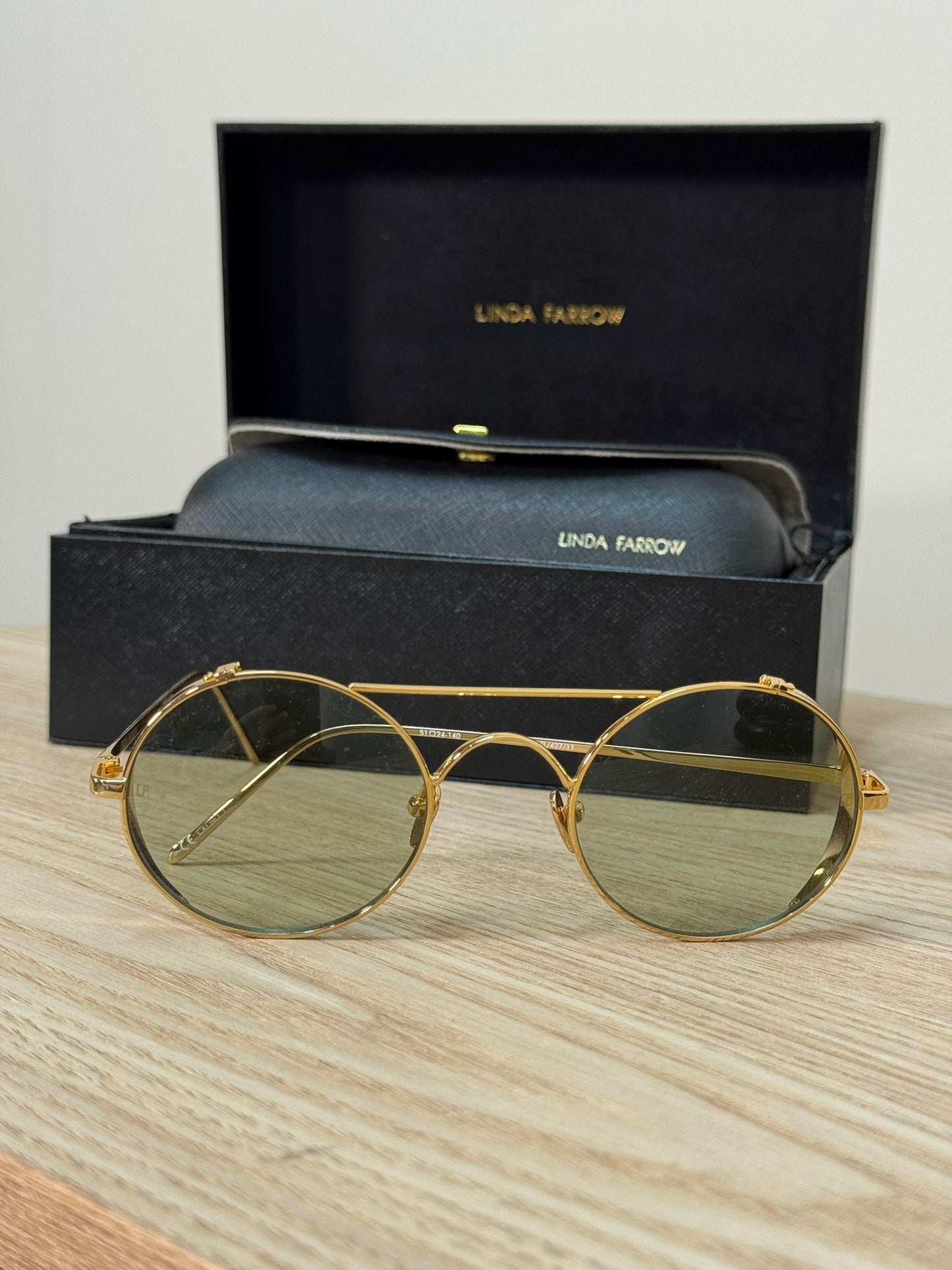 Linda Farrow Green Lens Gold Round Horseframe Sunglasses - One Size