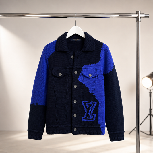 Louis Vuitton Intarsia Heavy Knit Cardigen In Blue. Collectors item  - XXL