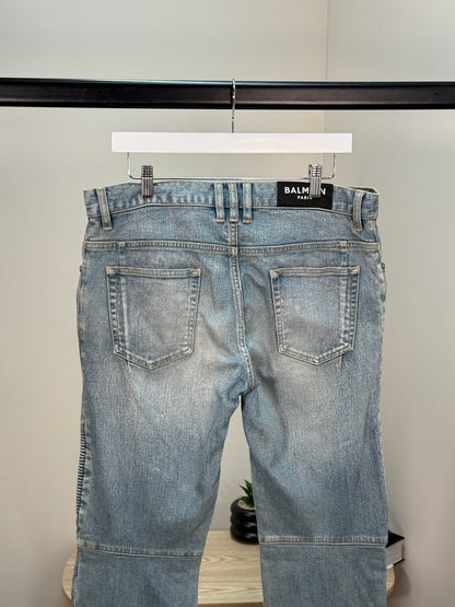 Balmain Men's Distressed Biker Tapered Jeans In A Light Blue Wash - 32 waist