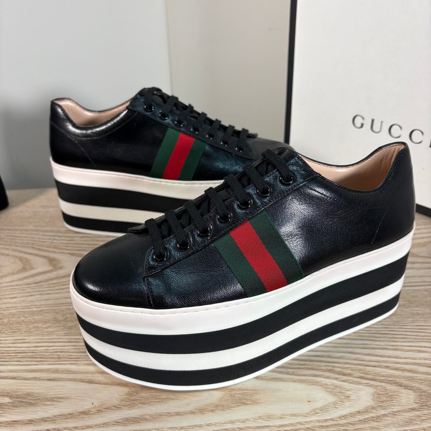 Gucci Black Quentin Peggy Stripe Platform Shoes – New In Box EU 38.5 / UK 5.5