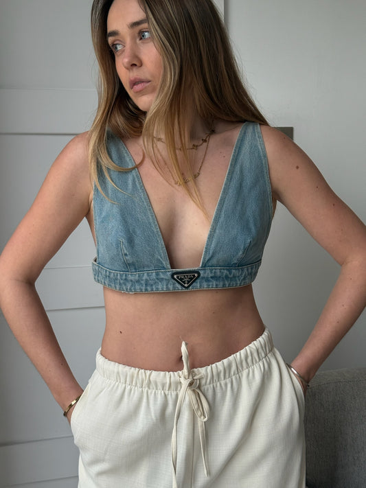 Prada Denim Plaque Logo Bralette Crop - EU 44