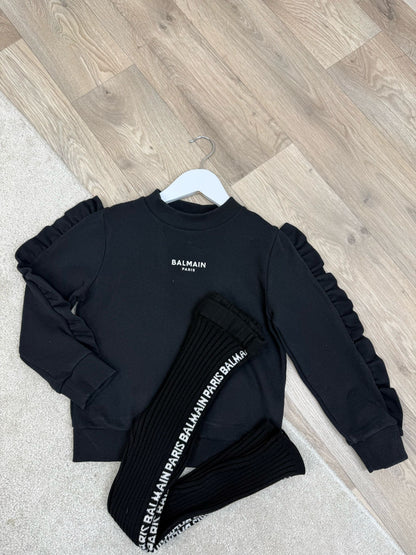 Kids Balmain Black Frill Jumper & Black Ribbed Logo Leggings  - Age 6