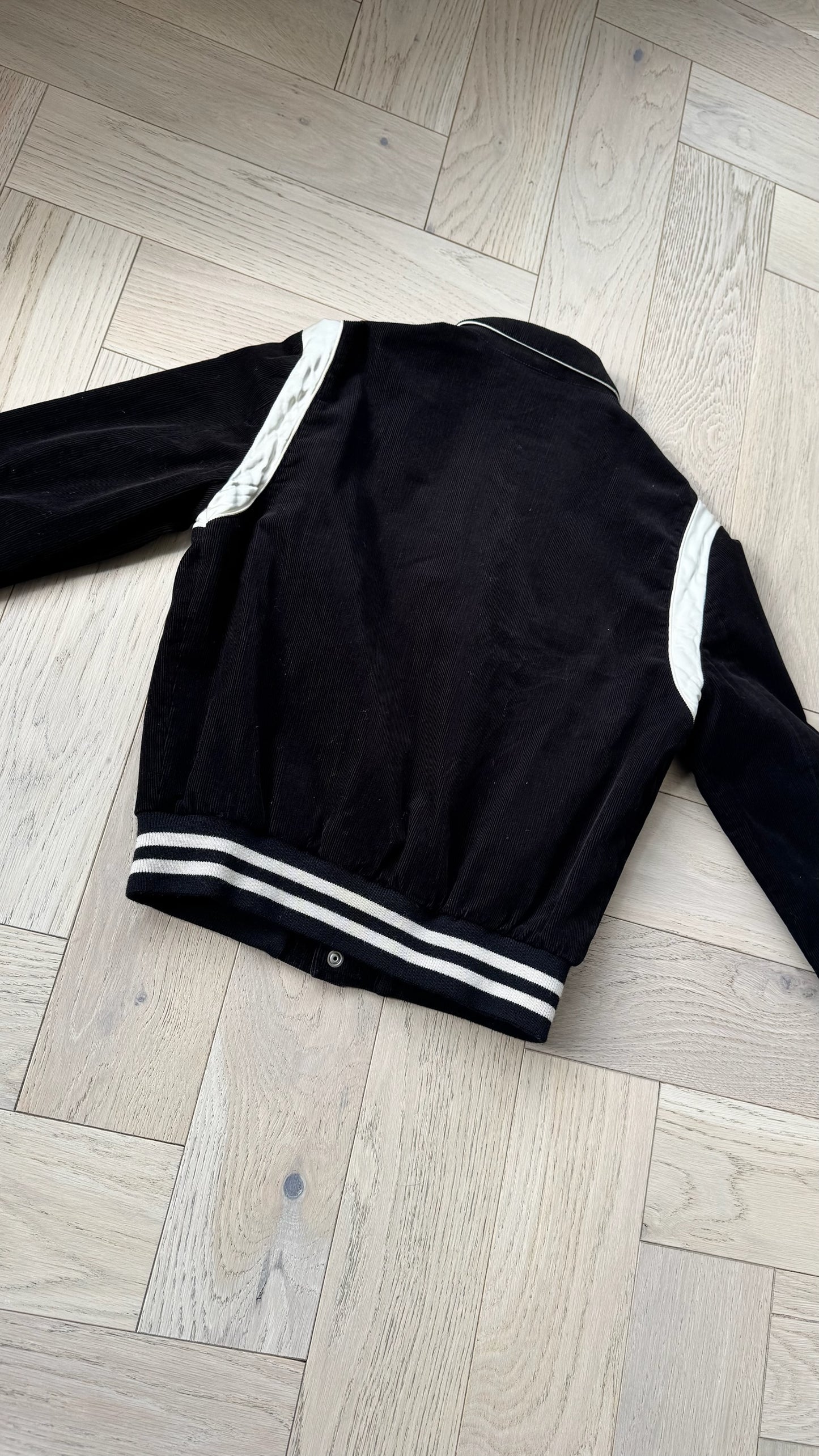 Celine Black & White Teddy Satin-Trimmed Cotton-Corduroy Varsity Jacket –48