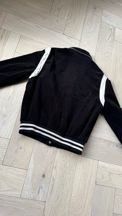 Celine Black & White Teddy Satin-Trimmed Cotton-Corduroy Varsity Jacket –48