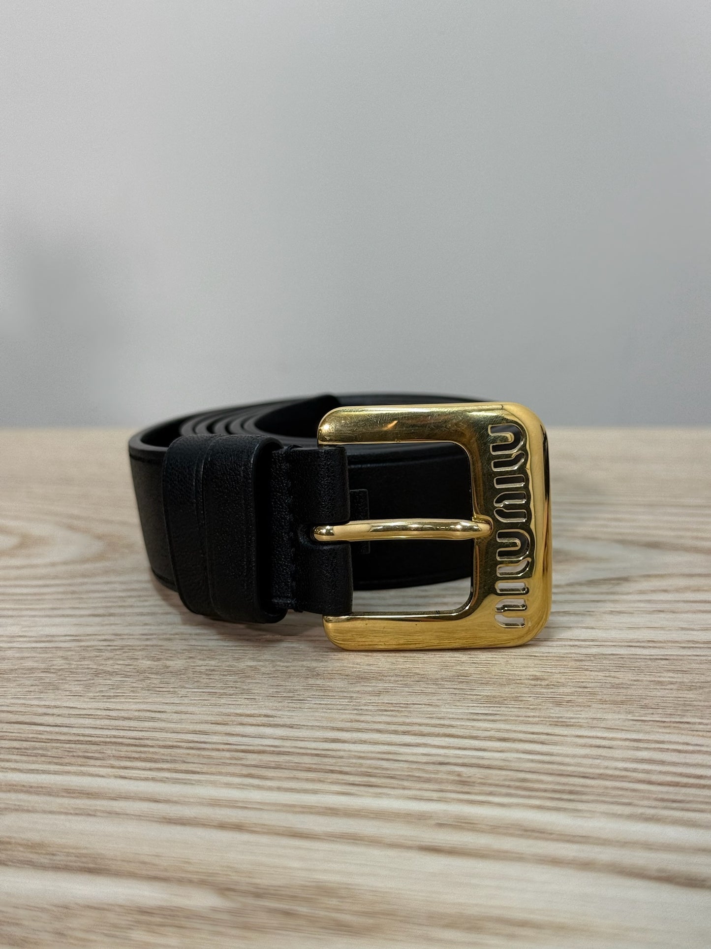Miu Miu Black Gold Logo Embellished Leather Belt - 34/85