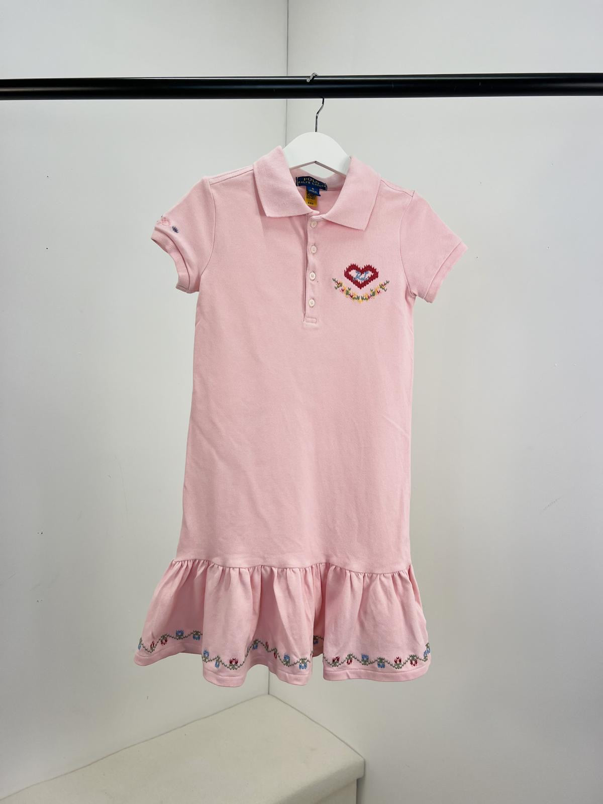 Kids Ralph Lauren Girls Pink Polo Frill Trim Heart Logo Dress - Age 6