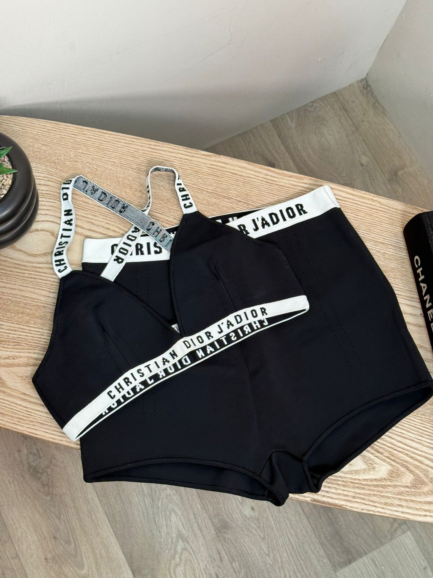 Dior White And Black Bralette High-Waisted Shorts Set - Large / Large