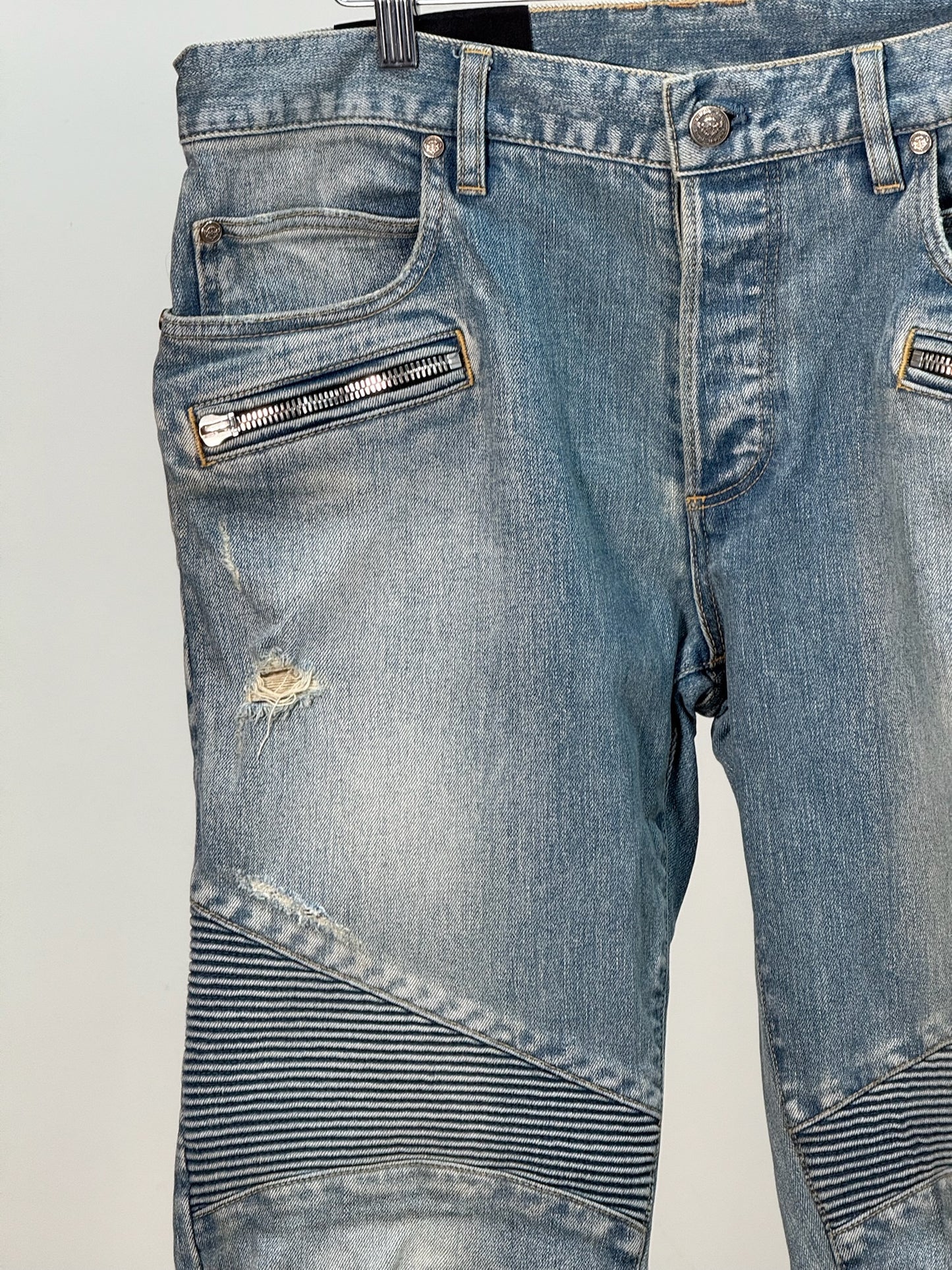 Balmain Men's Distressed Biker Tapered Jeans In A Light Blue Wash - 32 waist