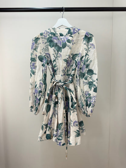 Zimmermann Cassia Floral-Print Linen Purple Green Floral Mini Dress -0