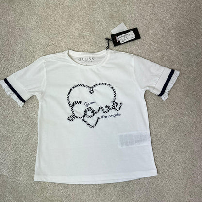 Kids Guess White Black Logo Heart T-Shirt, In Tag - Age 5