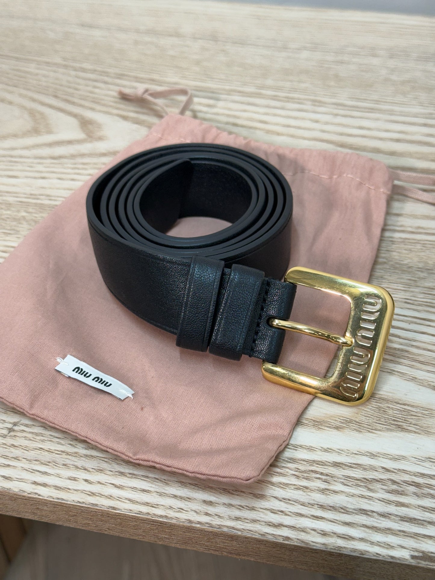 Miu Miu Black Gold Logo Embellished Leather Belt - 34/85