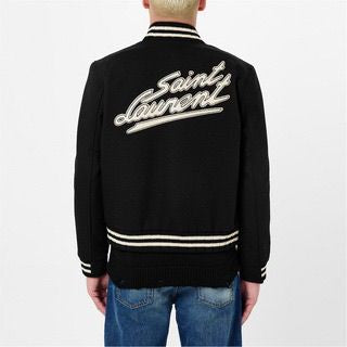 Saint Laurent Black & White Wool-Rich Teddy Varsity Bomber Jacket – 52 / XL