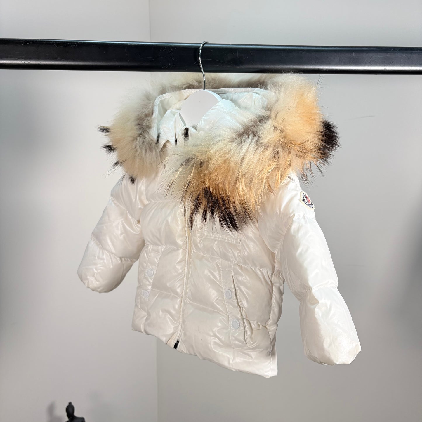 Kids Moncler Cream Padded Fur Trim Puffer Coat – 9-12 Months