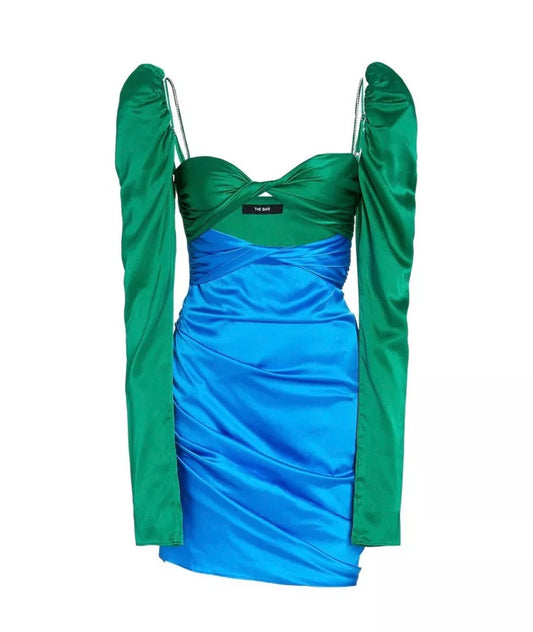 The Bar Twist Dress Emerald & Cobalt Green Blue Silk Crystal Mini Dress-Small