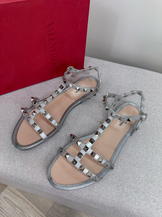 Valentino Argento Silver RockStudd Sandals , Brand New UK 4.5