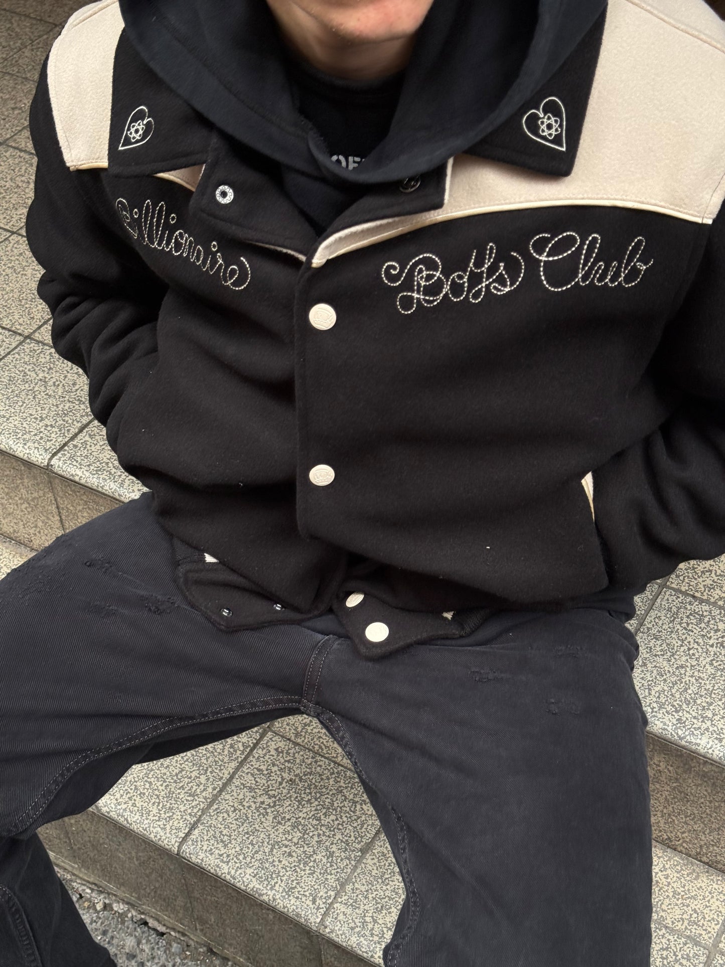 Billionaire Boys Club Black Off-White Western Heart Bomber Varsity Jacket - XL