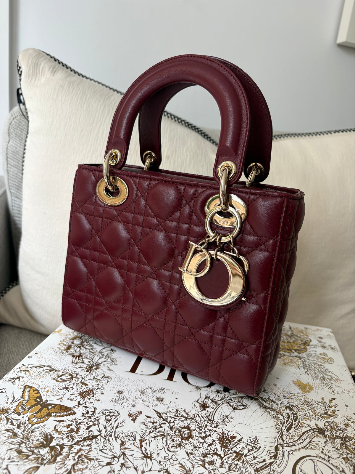 Dior Small Lady Dior burgundy cannage lambskin bag