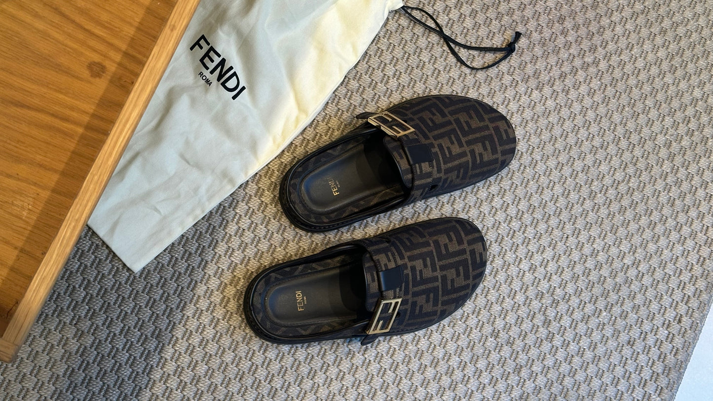 Fendi Brown FF gold mule slip on shoe - UK 7