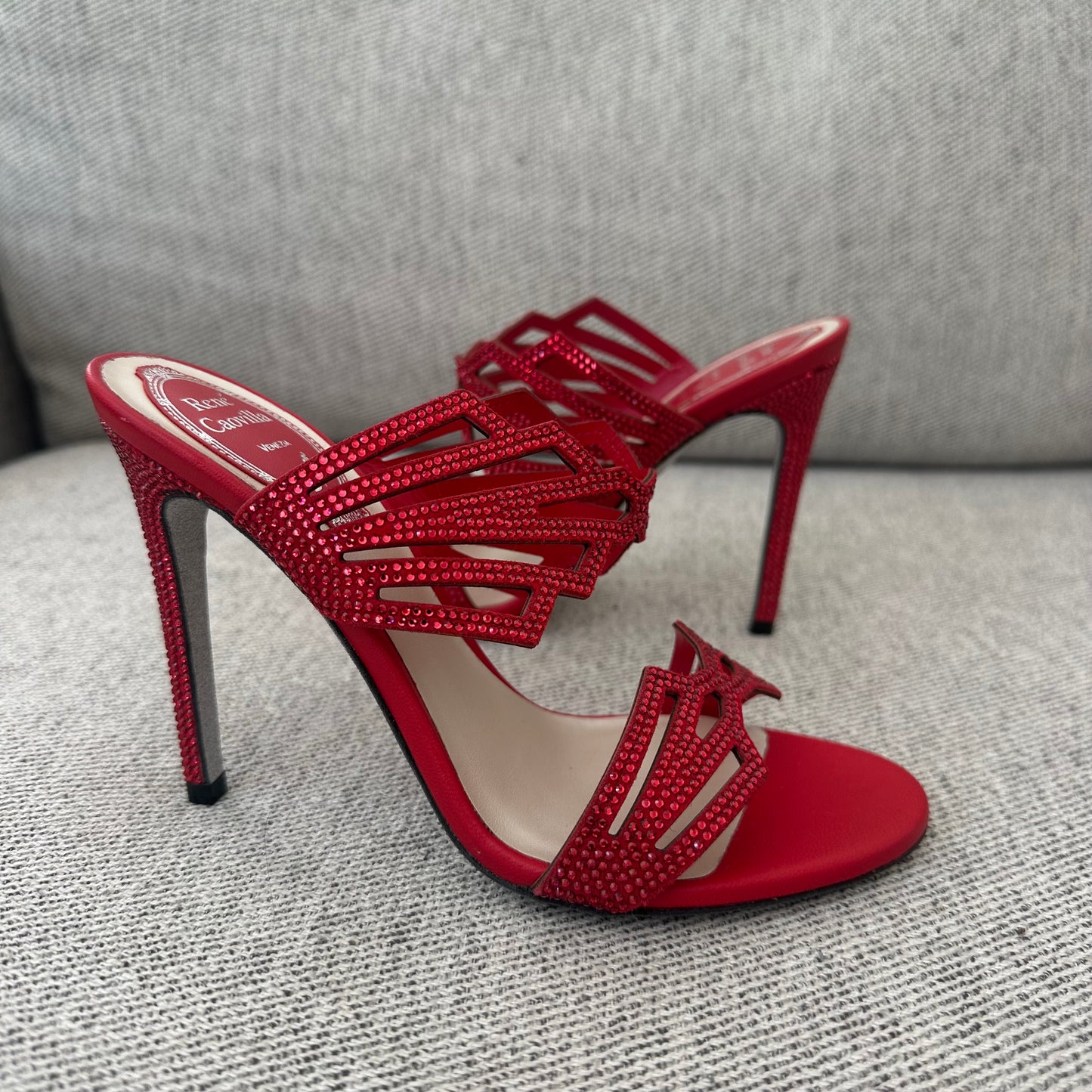 René Caovilla Red Crystal Embellished Mule Heels – EU 35.5 / UK 2.5