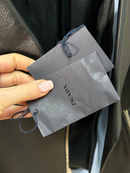 Prada Black Leather Silver Zip Biker Jacket - Size 40/M