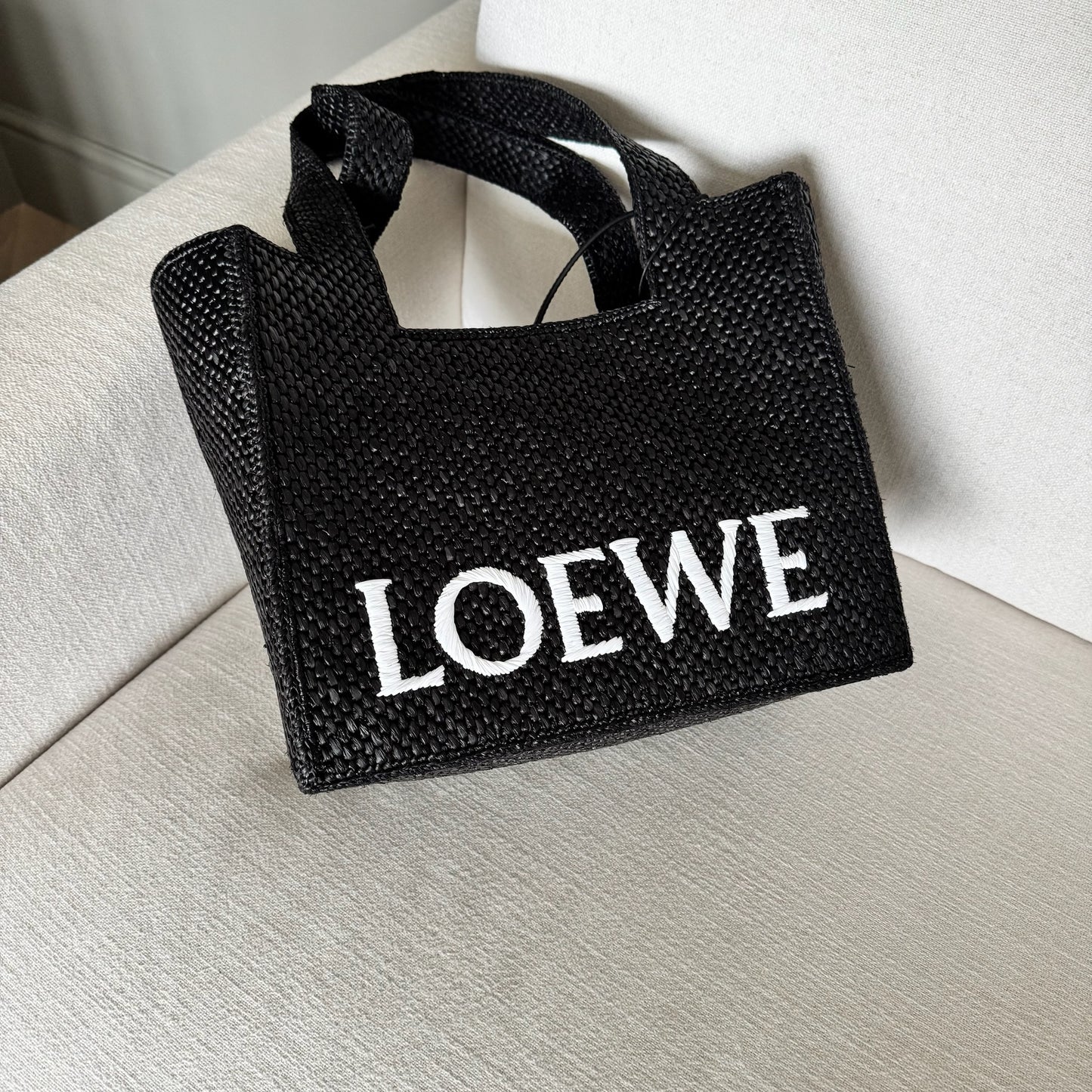 Loewe Black Medium Font tote in raffia Bag- brand new in box