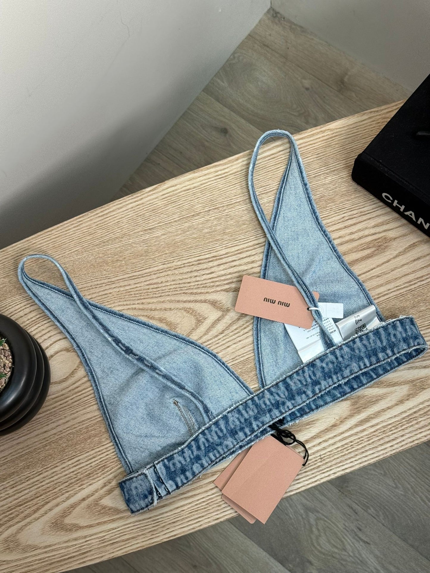 Miu Miu Denim Multi-Logo Bralette Crop - New In Tags 40 / Medium