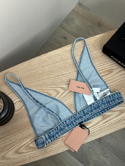 Miu Miu Denim Multi-Logo Bralette Crop - New In Tags 40 / Medium