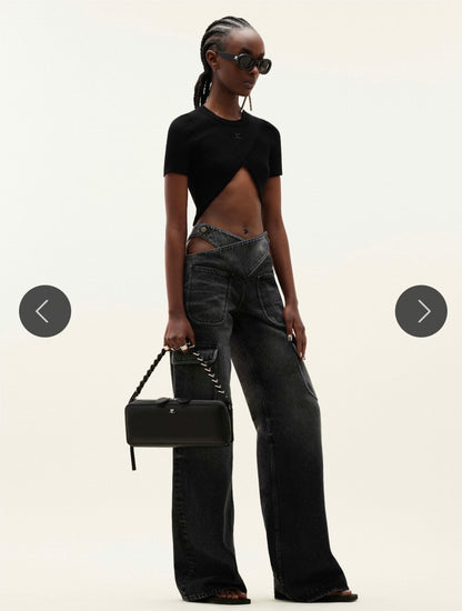 Courrégès Black Combat Denim Wide Leg Jeans - 36