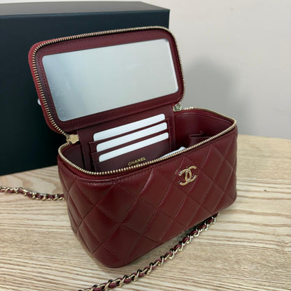 Chanel Lambskin Quilted Vanity Case with Chain in Burgundy