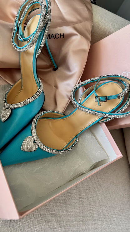 Mach & Mach Mach & Mach Crystal Heart Pointed Toe Pumps Blue Satin – EU 40/UK7
