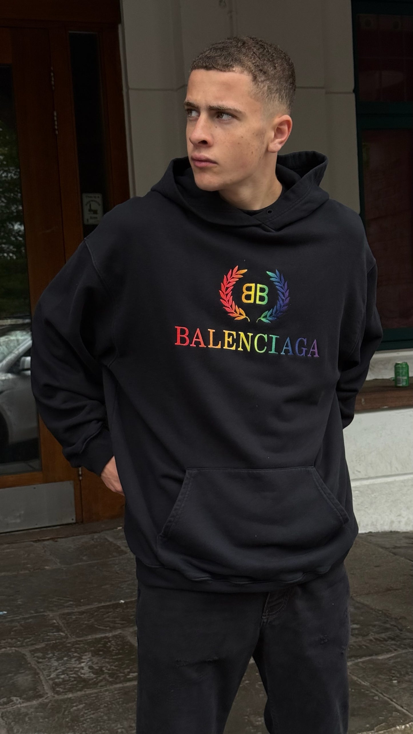 Balenciaga Black Multi Colour Logo Hoodie - Small oversize