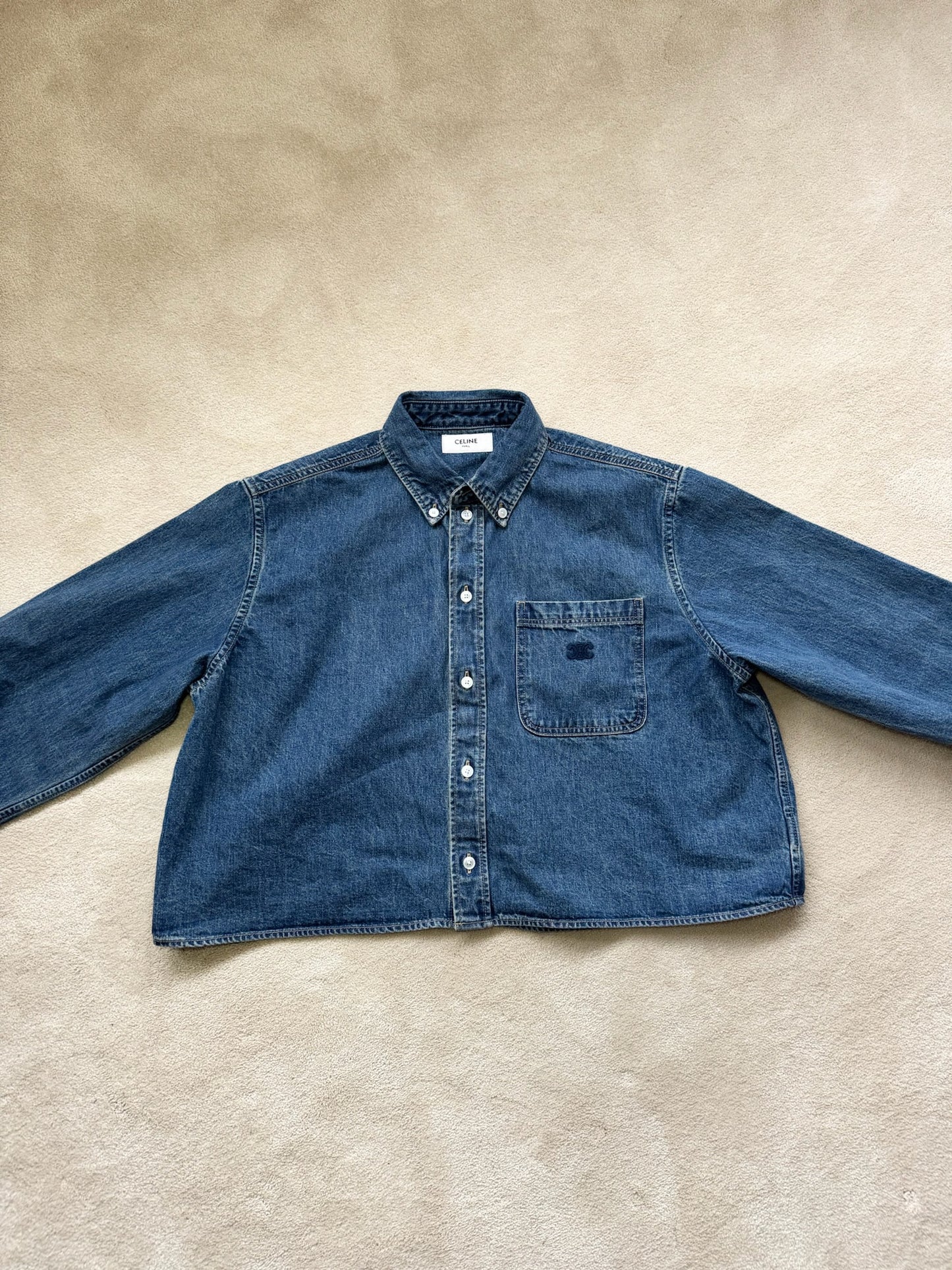 Celine Denim Cropped C Celine Triomphe Embroidery Shirt-New In Tags Large Fit 8/10