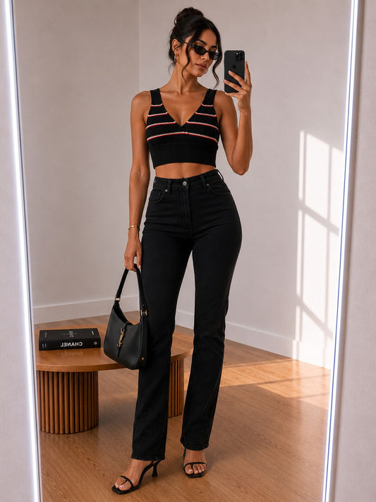 Sonia Rykiel Cream & Red Striped Crop Top - Medium