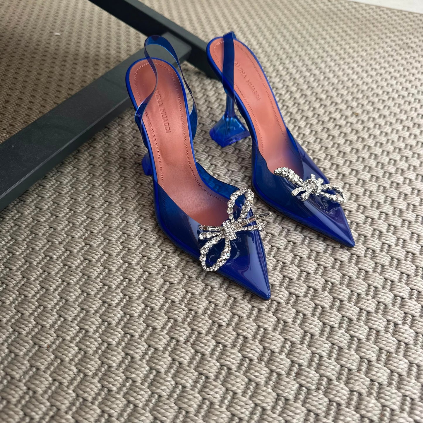 Amina Muaddi Blue PVC Crystal Bow Slingback Heels – EU 36 / UK 3