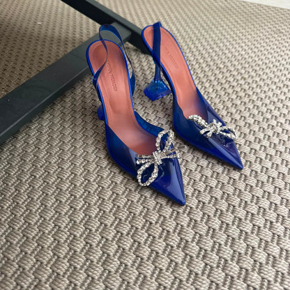 Amina Muaddi Blue PVC Crystal Bow Slingback Heels – EU 36 / UK 3