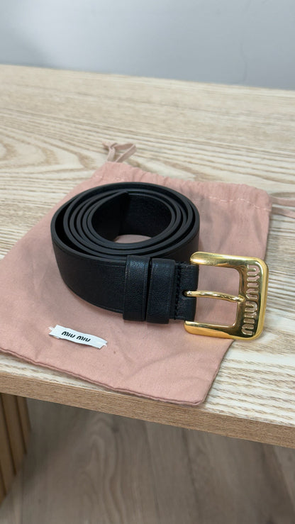 Miu Miu Black Gold Logo Embellished Leather Belt - 34/85
