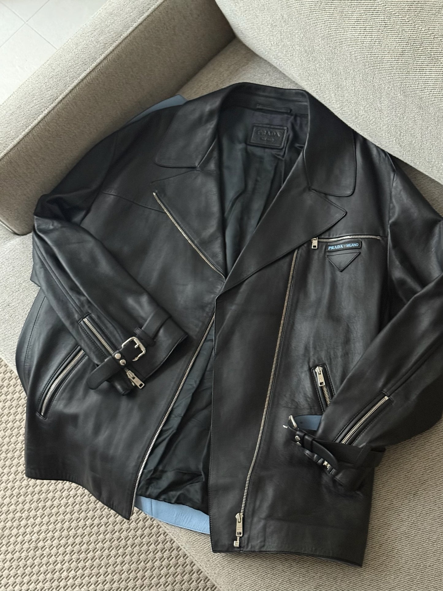 Prada Black Leather Silver Zip Biker Jacket - Size 40/M