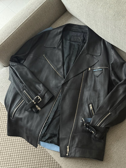 Prada Black Leather Silver Zip Biker Jacket - Size 40/M