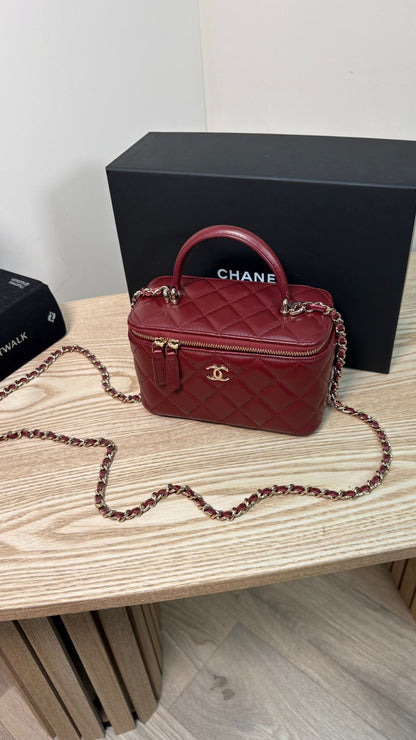 Chanel Lambskin Quilted Vanity Case with Chain in Burgundy
