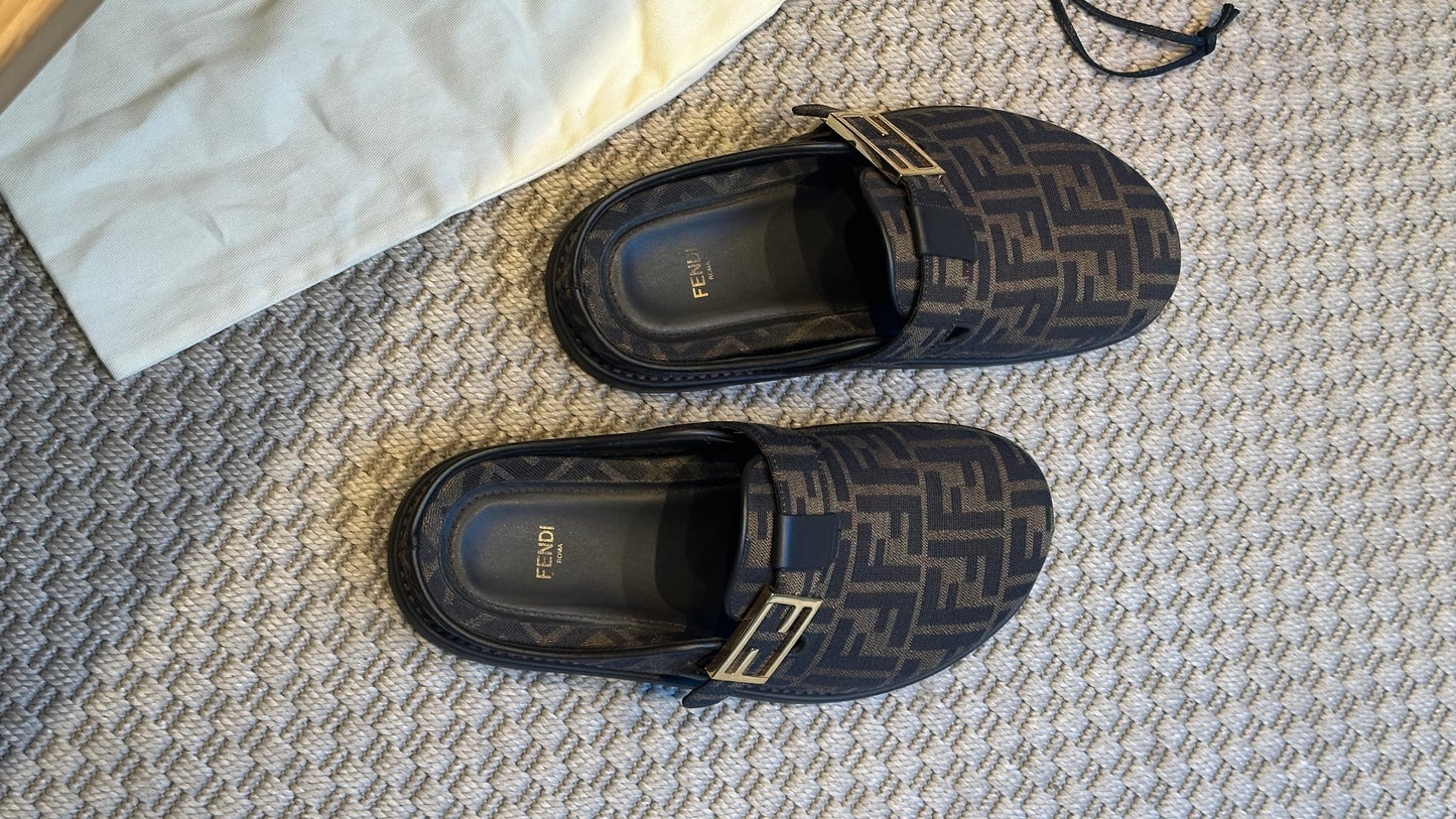 Fendi Brown FF gold mule slip on shoe - UK 7