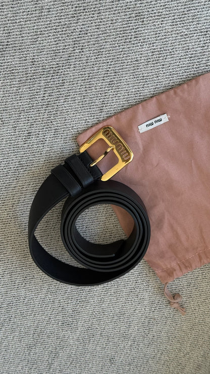 Miu Miu Black Gold Logo Embellished Leather Belt - 34/85