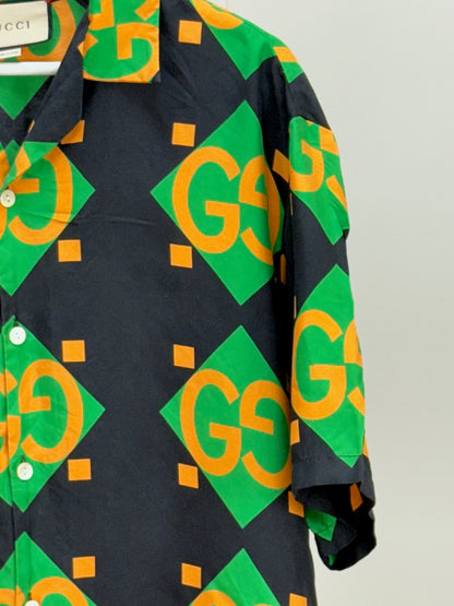 Gucci Black Green Gold GG Silk Shirt - 50